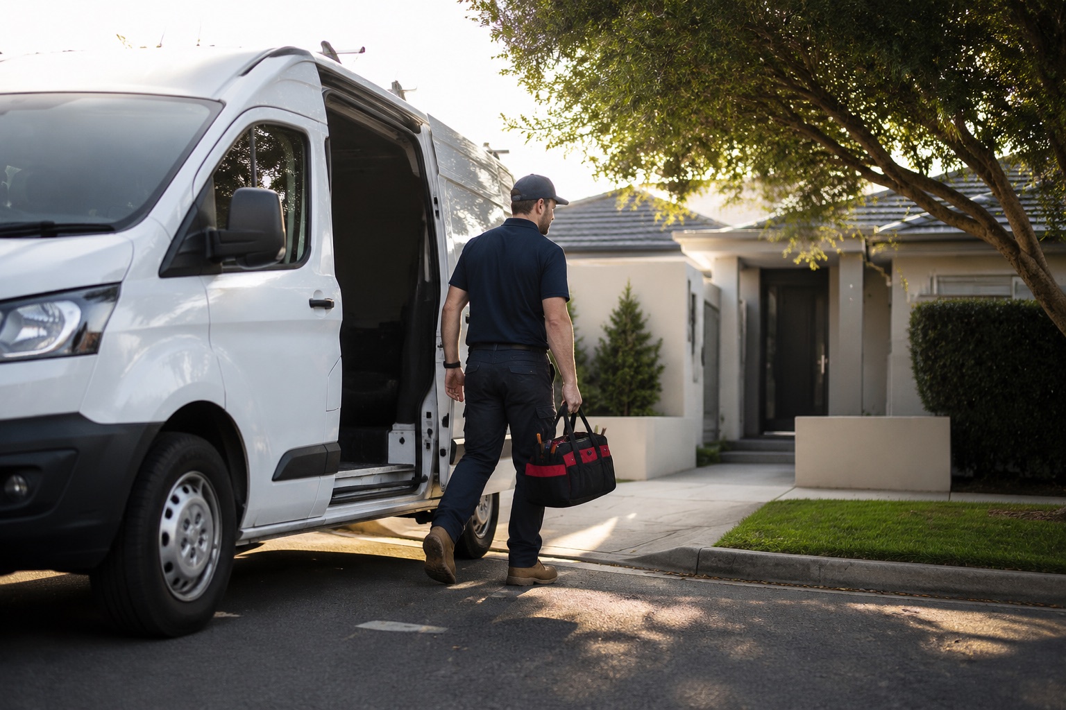 Clearflow van arriving at a Melbourne home in soft morning light