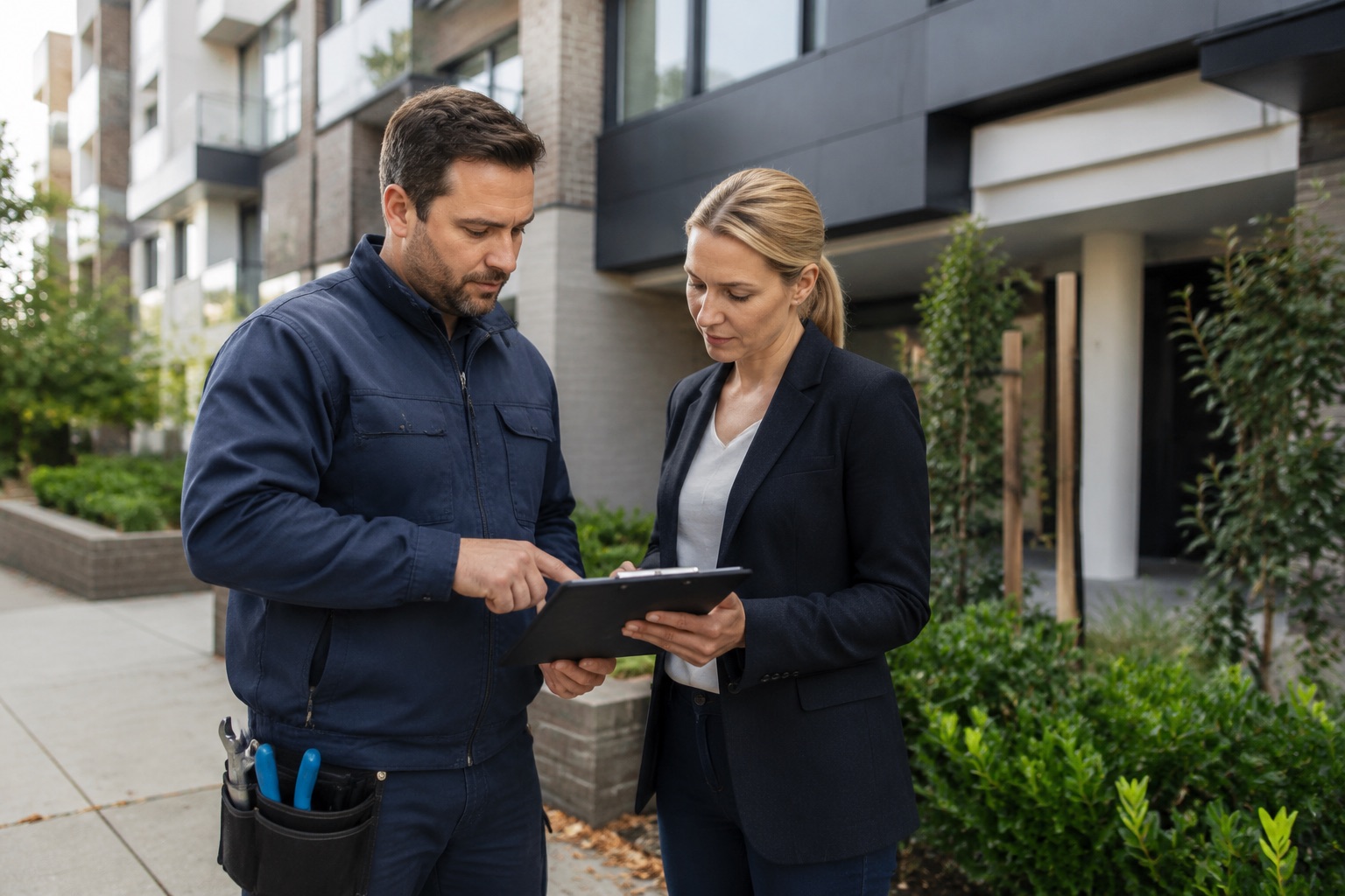 Plumber discussing maintenance with a property manager at a residential building