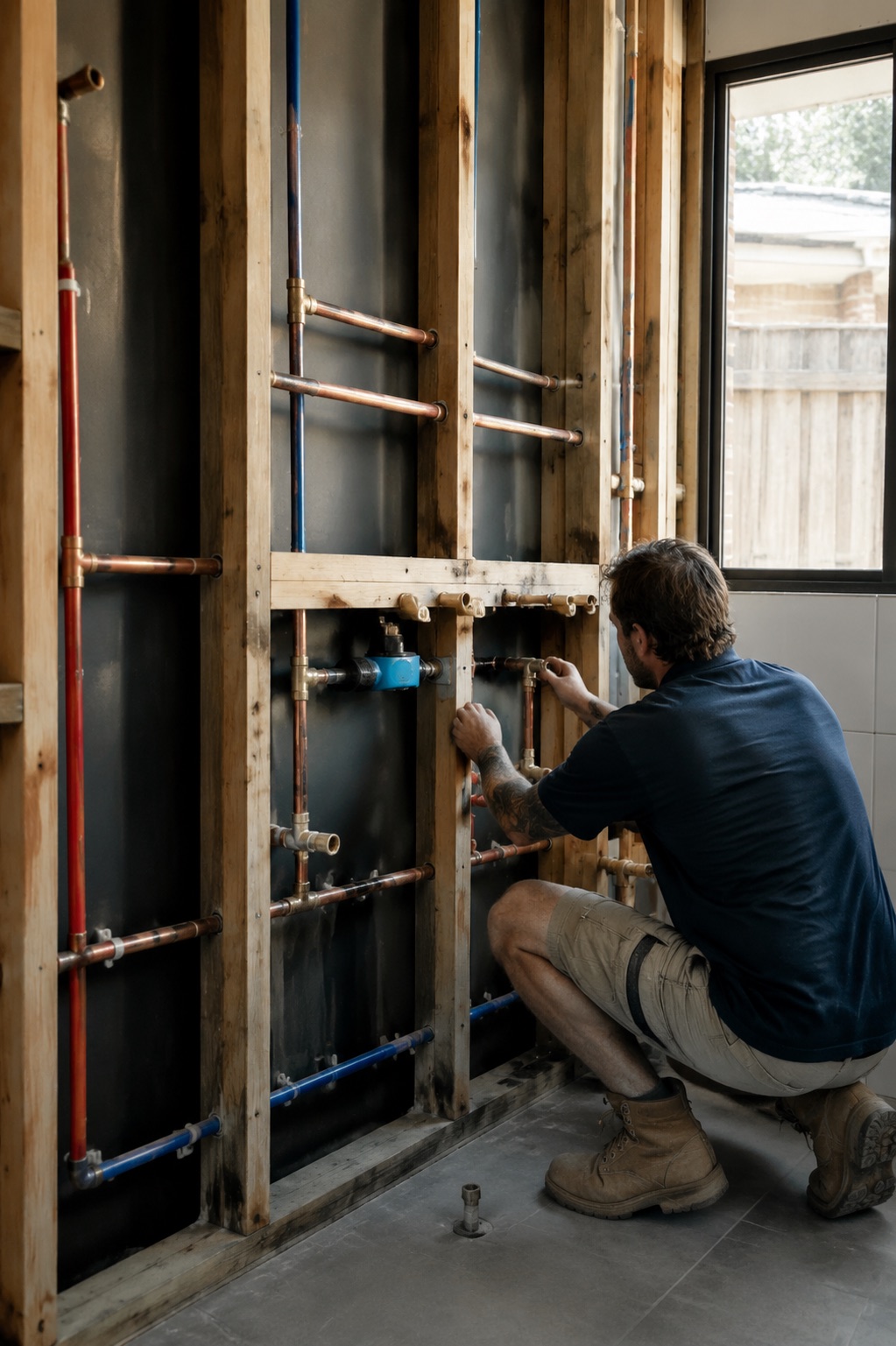 Concealed plumbing rough-in for a renovated bathroom