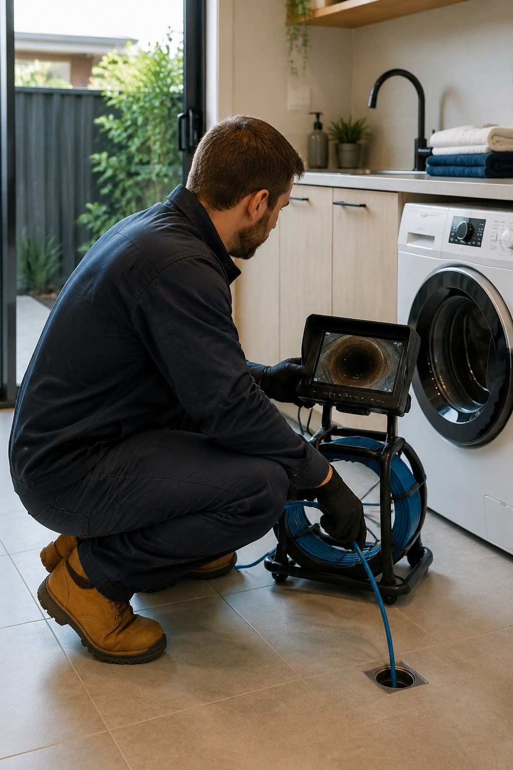 Plumber running a drain camera inspection in a laundry
