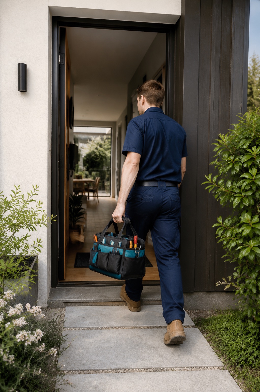 Plumber arriving with tools to attend an urgent call-out