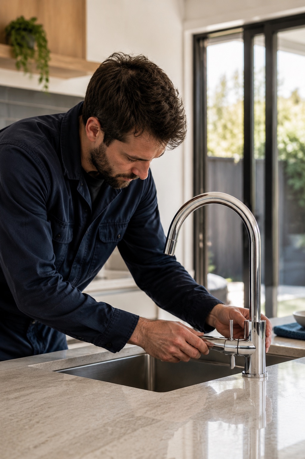 Plumber fitting new tapware at a kitchen sink in a modern Melbourne home