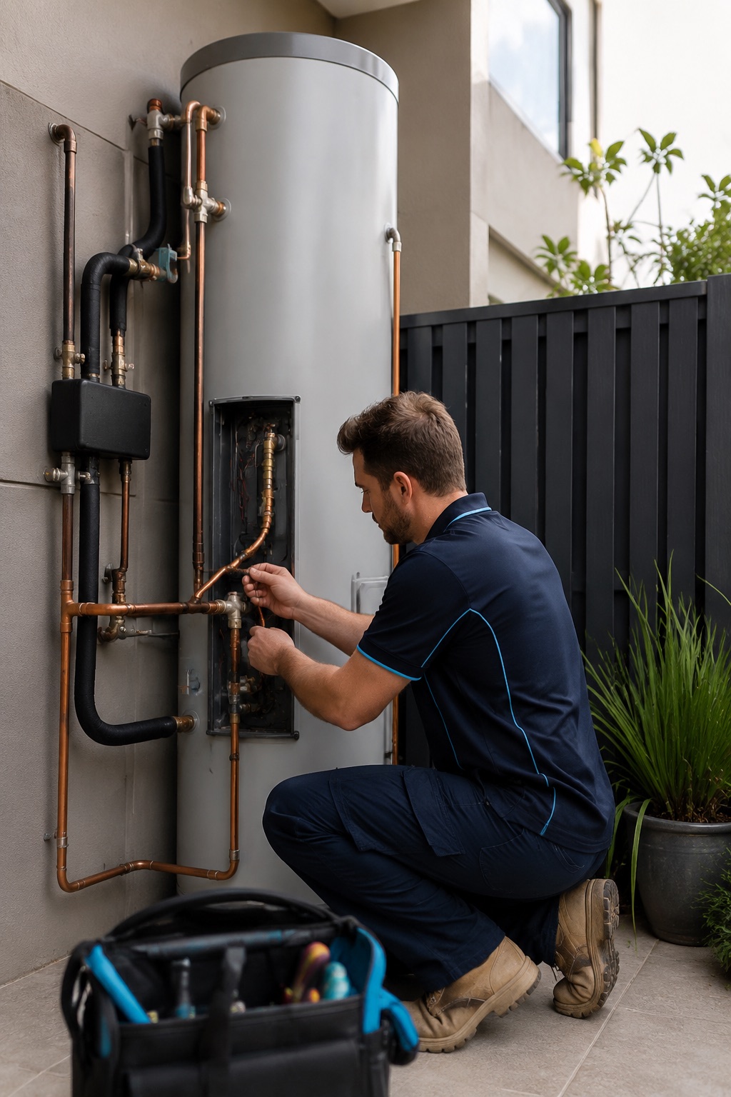 Technician servicing a hot-water cylinder in an external utility area