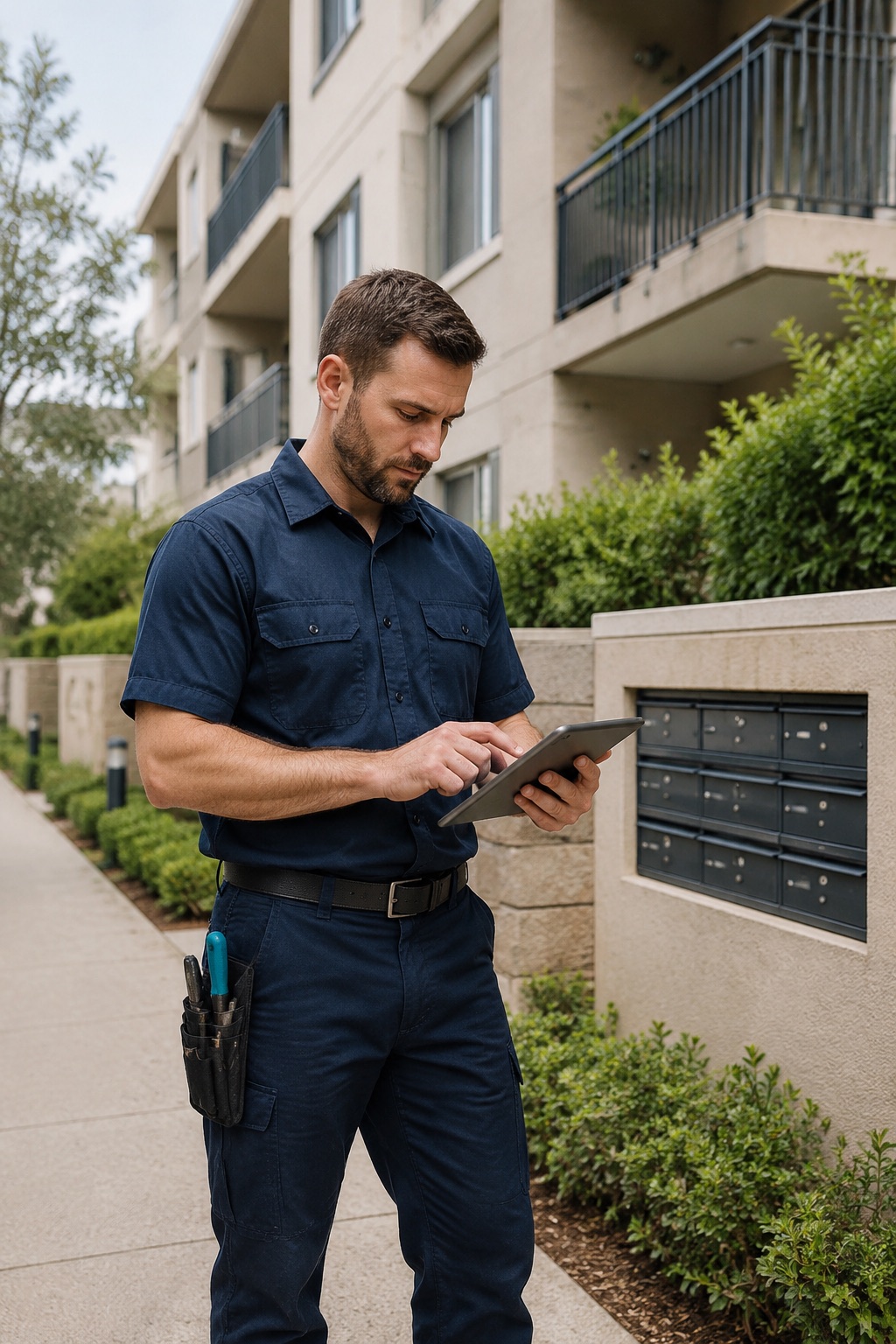 Plumber reviewing a maintenance checklist outside a residential building