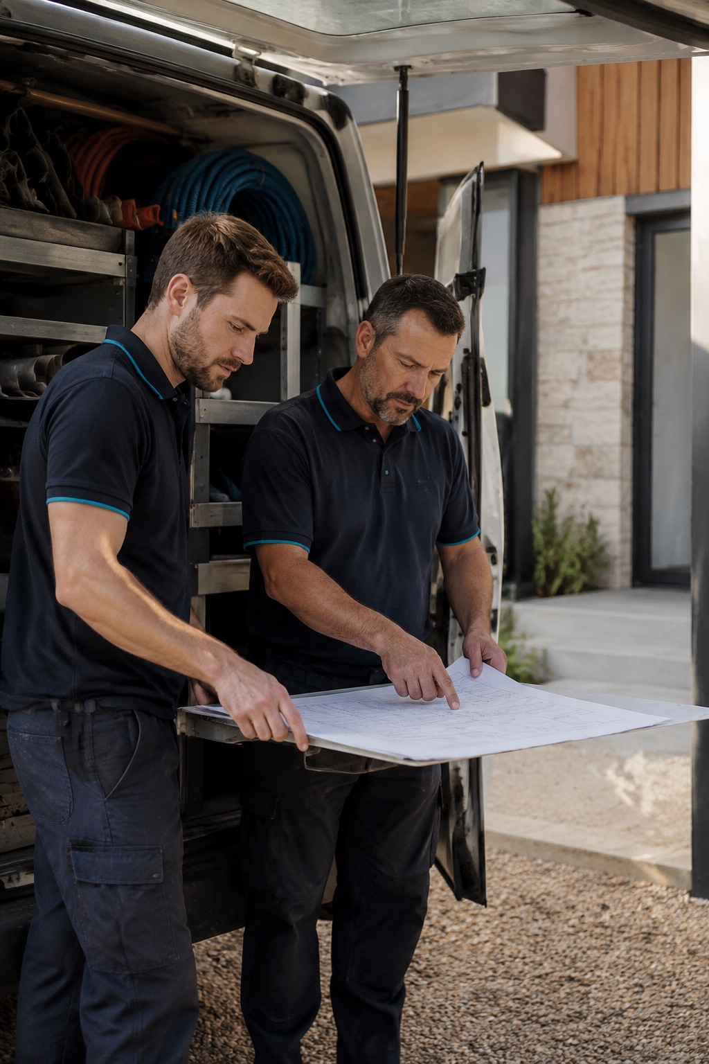 Two Clearflow team members reviewing plans beside the service van